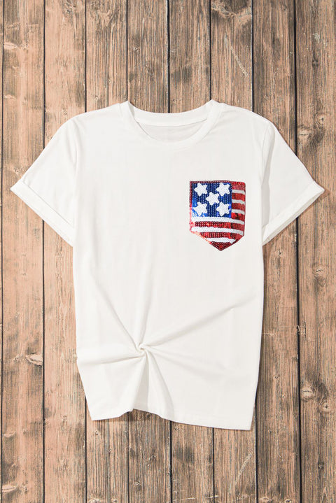 White Sequin American Flag Patched Plus Size T Shirt