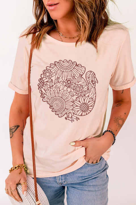 Floral Turkey Shape Print Short Sleeve T Shirt