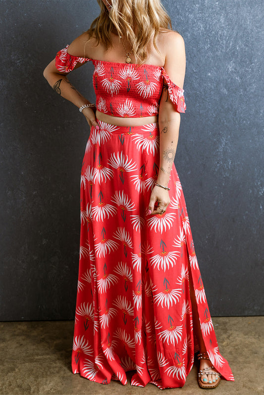 Red Floral Shirred Off Shoulder Crop Top and Slit Maxi Skirt Set