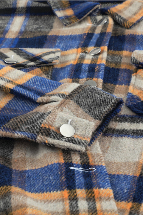 Blue Geometric Plaid Print Pocketed Shacket