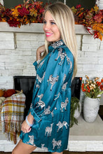 Blue Printed Zebra Pattern Pleated Shirt Tunic Dress