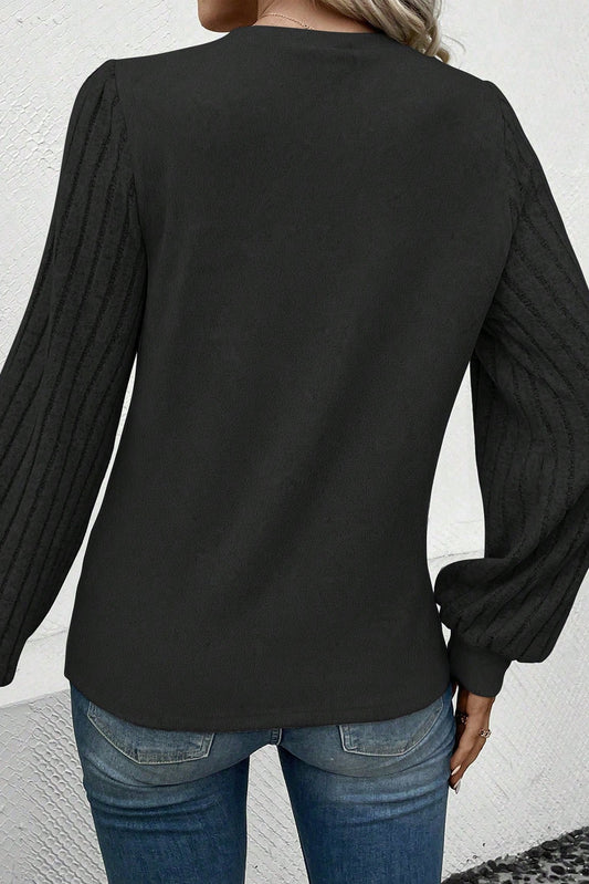 Black Contrast Ribbed Bishop Sleeve Top