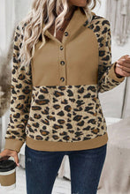 Light French Beige Leopard Print Patchwork Raglan Sleeve Half Buttons Hoodie