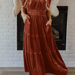 Chestnut Velvet Short Sleeve Shirred Waist Tiered Maxi Dress