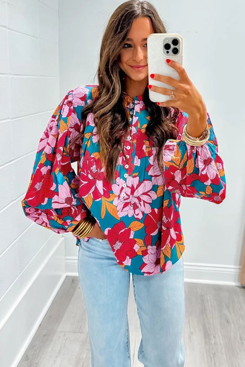 Red Floral Printed Balloon Sleeve Half Buttons Blouse