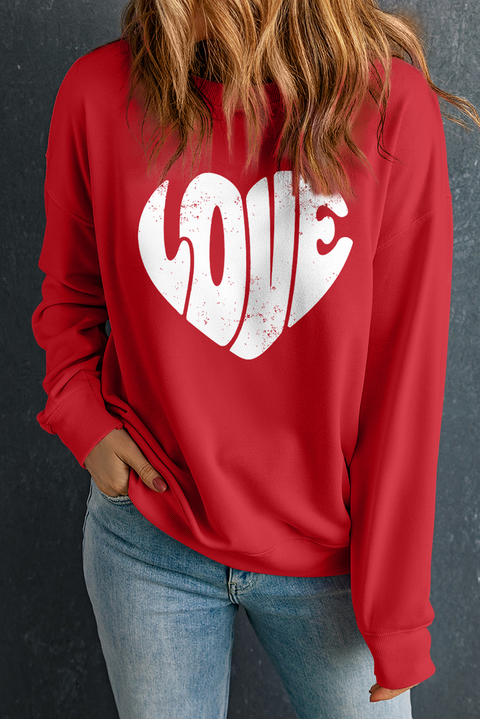 Red Retro Heart-shape LOVE Letter Graphic Sweatshirt