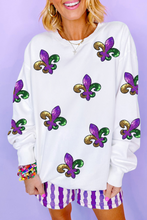 White Fleur De Lis Sequin Patched Graphic Drop Shoulder Sweatshirt