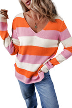 Orange Stripe Colorblock V Neck Casual Sweater