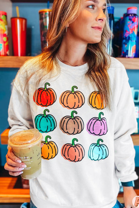 Beige Vibrant Pumpkins Print Crew Neck Halloween Sweatshirt