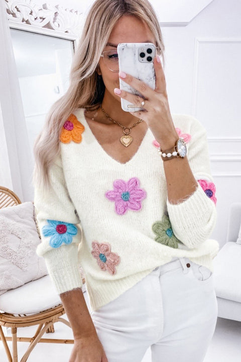 White Crochet Flower V Neck Sweater