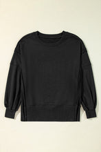 Black Exposed Seam Drop Shoulder Round Neck Sweatshirt with Slits