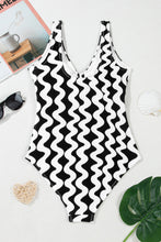 Black Stripe Bowknot Ricrac Print V Neck Low Back Cut One Piece Swimsuit