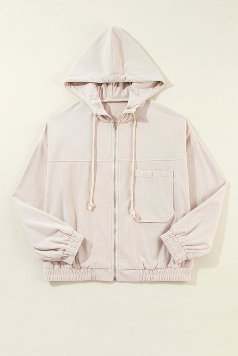 White Corduroy Drawstring Hooded Pocket Zip Up Jacket