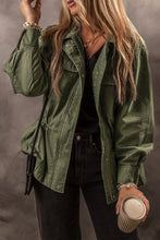 Moss Green Snap Button Zipper Tight Waist Collared Jacket