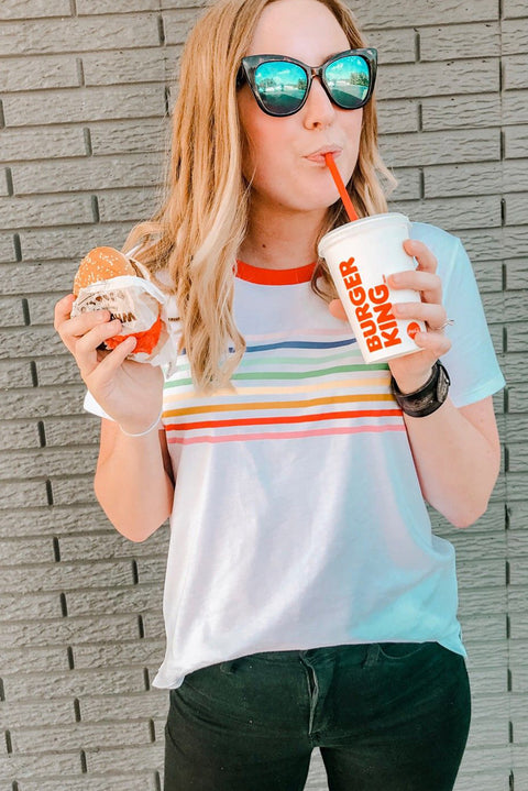 White Rainbow Stripe Print Contrast Crewneck T Shirt