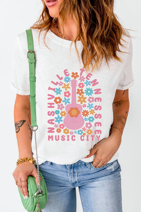 White Floral Guitar NASHVILLE Slogan Graphic T Shirt