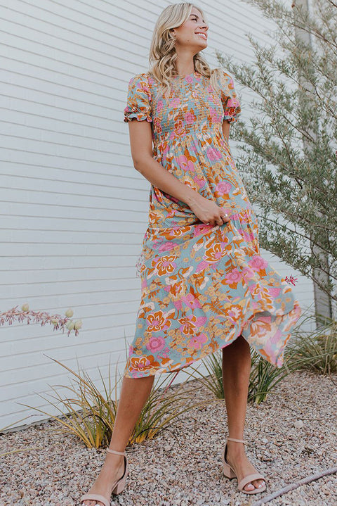 Sky Blue Floral Bubble Sleeve Smocked Flowy Ruffle Dress