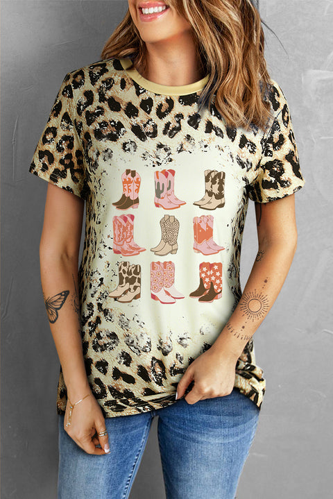 Leopard Cowgirl Boots Graphic Bleached Leopard T Shirt