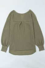 Waffle Knit Split Neck Pocketed Loose Top