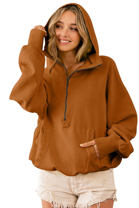 Beige Ribbed Trim Kangaroo Pocket Zipped Hoodie