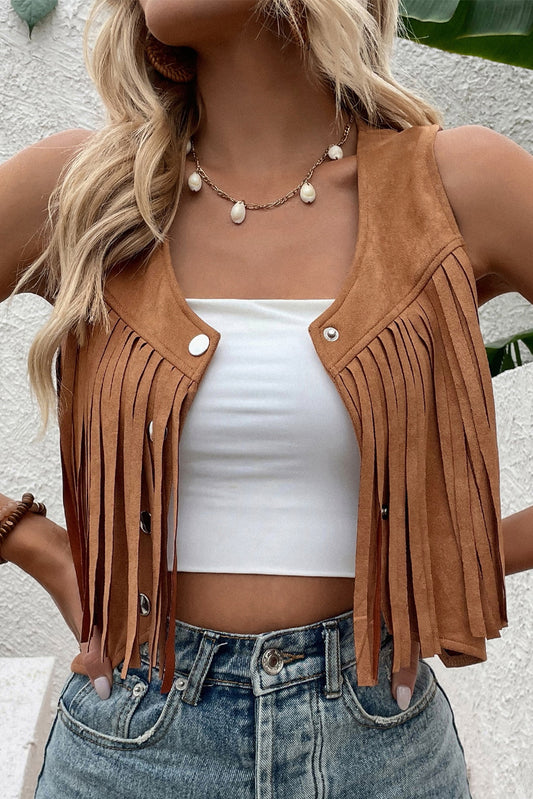 Camel Fringed Snap Button Front Suedette Vest