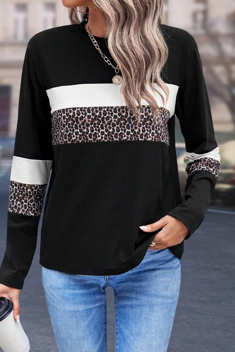 White Leopard Colorblock Patchwork Crew Neck Long Sleeve Tee