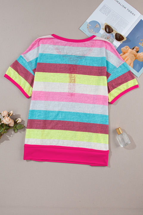 Rose Stripe Plus Size Textured Knit Short Sleeve Henley Top