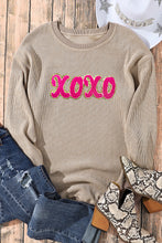 Khaki xoxo Chenille Glitter Patched Corded Crew Neck Sweatshirt