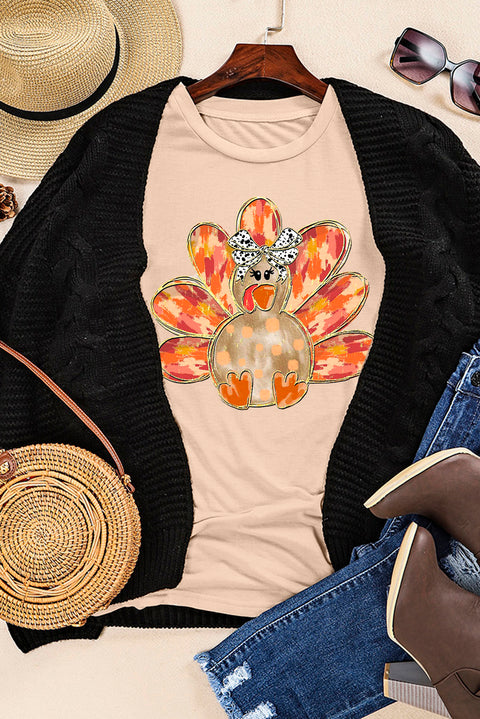 Khaki Thanksgiving Bowknot Turkey Graphic Crewneck Tee