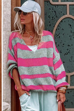 Rose Striped Colorblock Knit V Neck Loose Fit Sweater