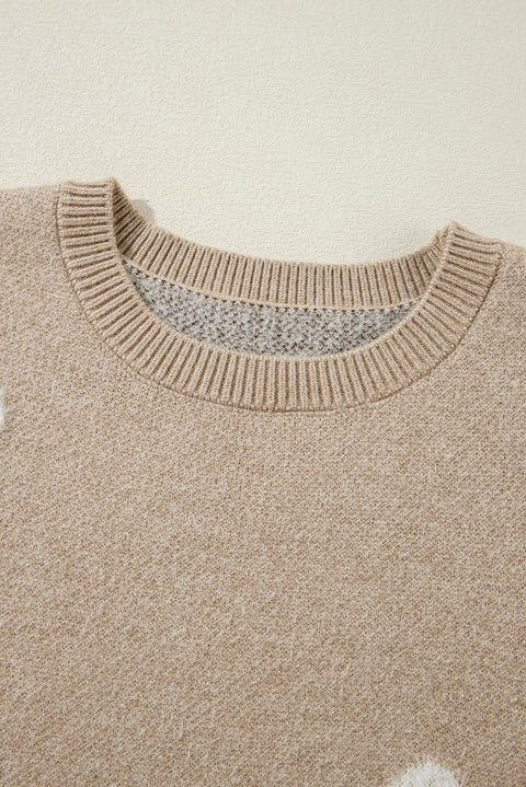 Parchment Flower Pattern Ribbed Trim Crew Neck Sweater