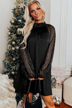 Black Glittering Mesh Sleeve Mock Neck Mini Dress