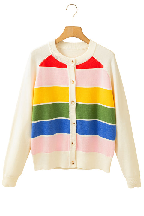 White Stripe Colorful Pattern Button Front Sweater Cardigan