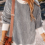 Black Striped Textured Knit Contrast Edge Loose Sweater