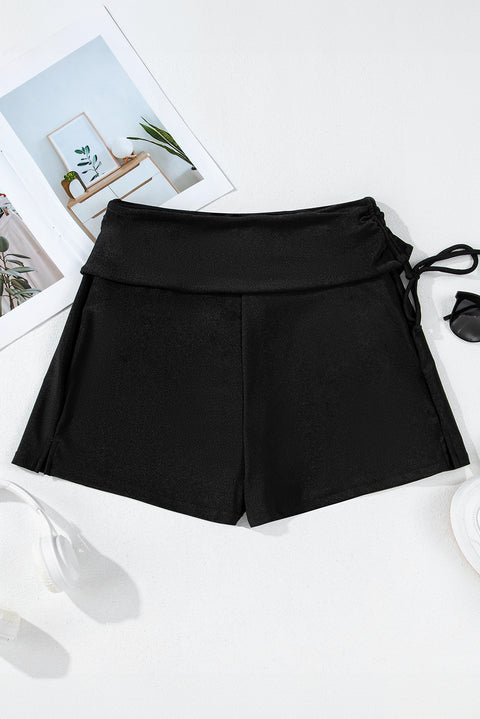 Black Drawstring Ruched High Waist Loose Swim Shorts