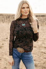 Black Western Rodeo Printed Mock Neck Long Sleeve Mesh Top