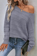 Light Grey Boat Neck Drop Shoulder Pointelle Knit Sweater