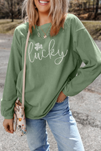 Grass Green Rhinestone lucky Clover Graphic Ribbed St Patrick Sweatshirt