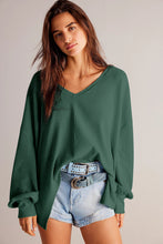 Blackish Green Waffle V Neck Long Sleeve Drop Shoulder Loose Blouse