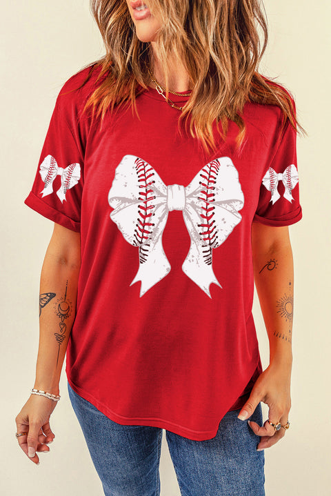 Red Baseball Bowknot Graphic Relaxed T Shirt