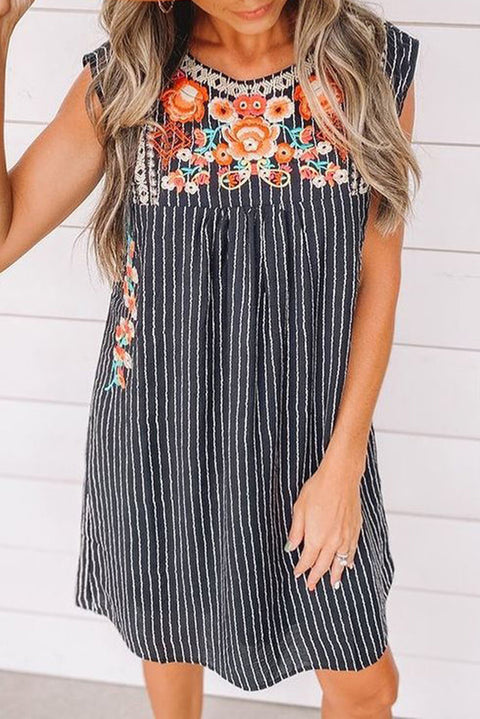 Embroidered Striped Print Sleeveless Mini Dress