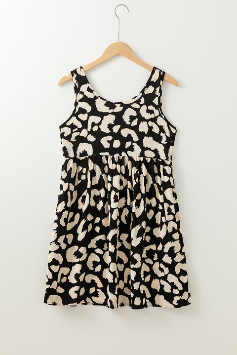 Black Leopard Print U Neck Sleeveless High Waist Dress