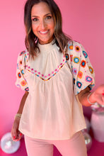 White Embroidered Smocked Neck Puff Sleeve Top