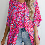 Pink Abstract Print V Neck Half Sleeve Loose Fit Tunic Blouse