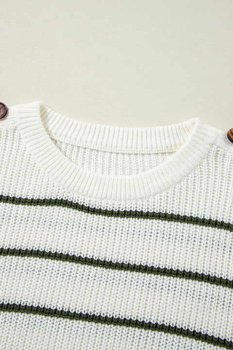 Green Color Block Striped Buttoned Shoulder Split Sweater