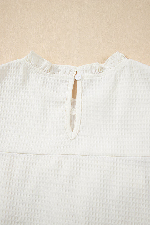 White Solid Color Ruffle Trim Waffle Knit Blouse