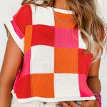 Fiery Red Color Block Cap Sleeve Sweater