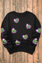 Black Mardi Gras Heart Print Crew Neck Sweatshirt