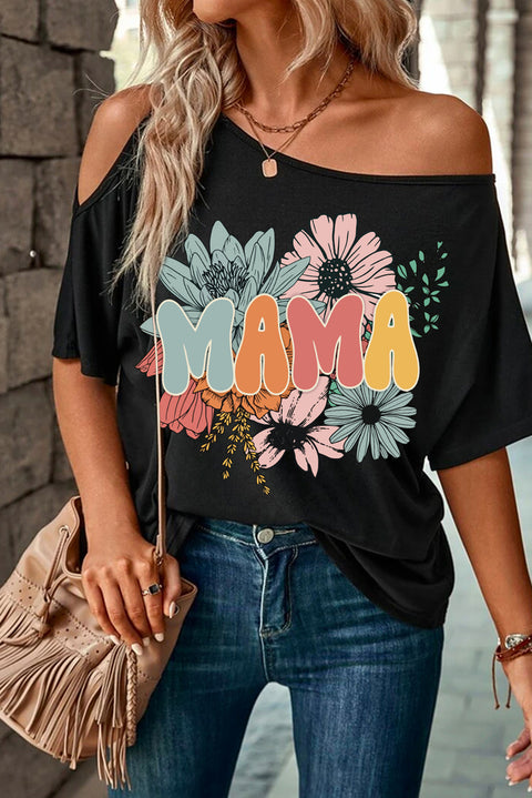 Black MAMA Flower Print Asymmetric Neck Casual T Shirt