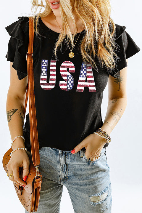 Black Sequined American Flag USA Graphic Ruffled Sleeve Tee